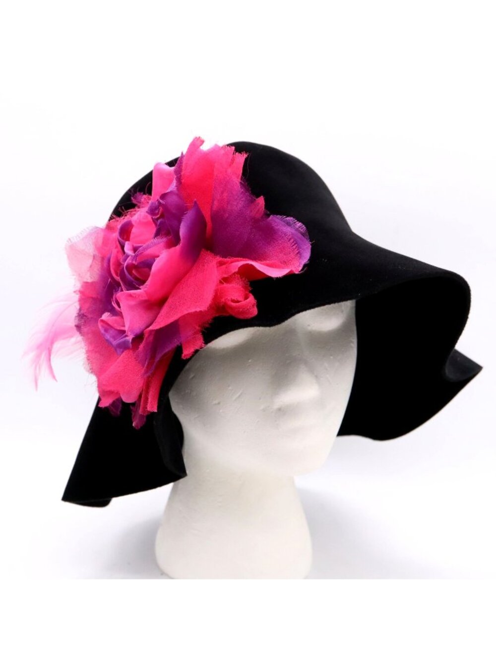 Borsalino Antica Casa Black Velvet Floppy Hat -Pink Flower Feather Women's Italy